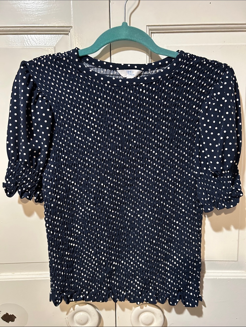 Time and Tru Navy and White Polka Dot Smocked Puff Sleeve Blouse